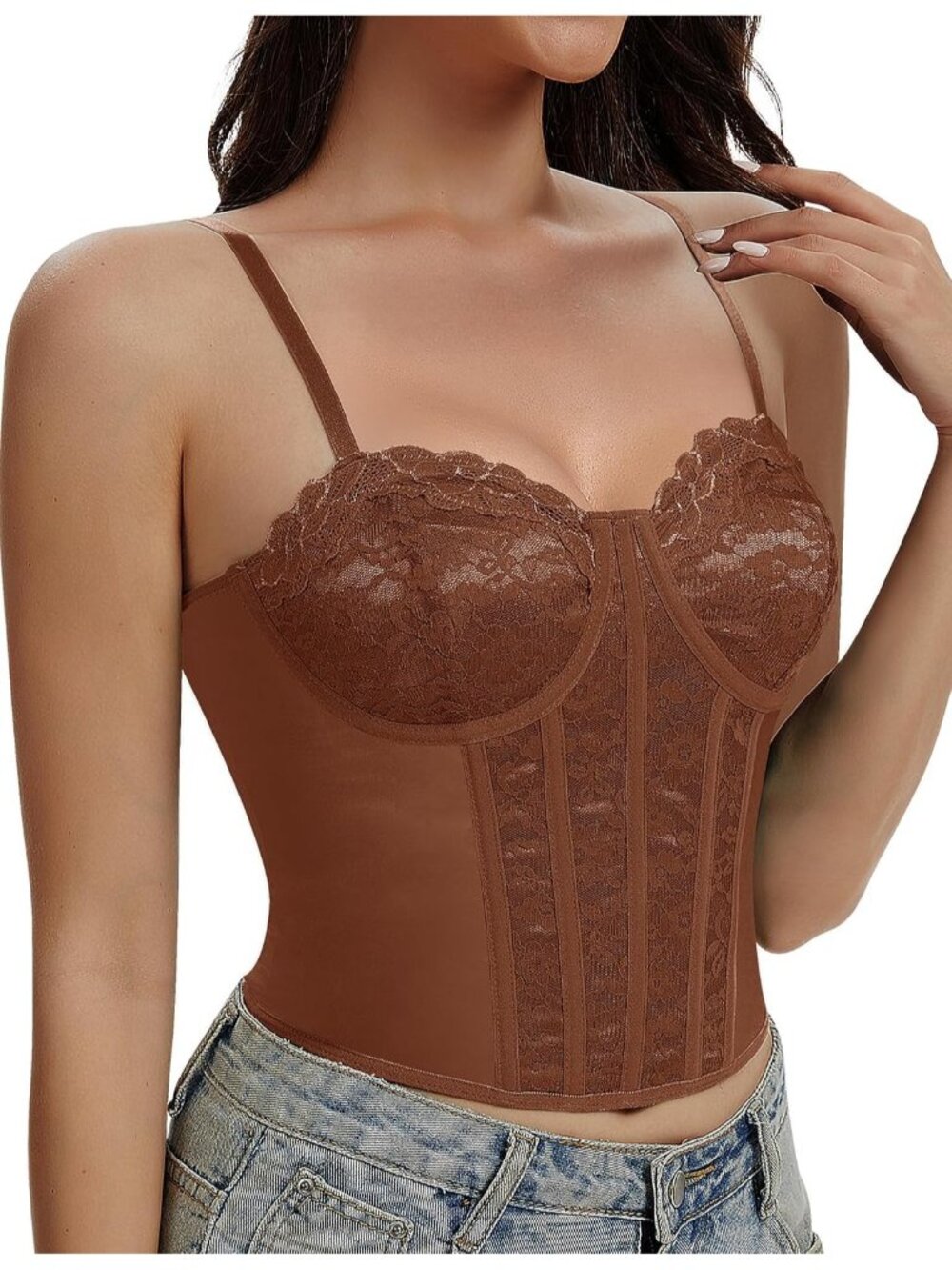 Women's Brown Straps 3-rows Back Hooks Fitted Underwire Lace Bustier Corset Top